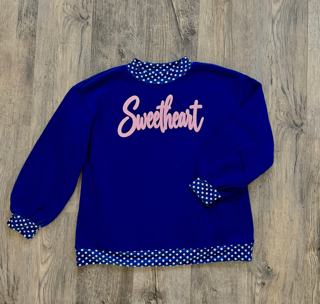 Dark blue “SWEETHEART” with light pink puff vinyl mock neck sweater