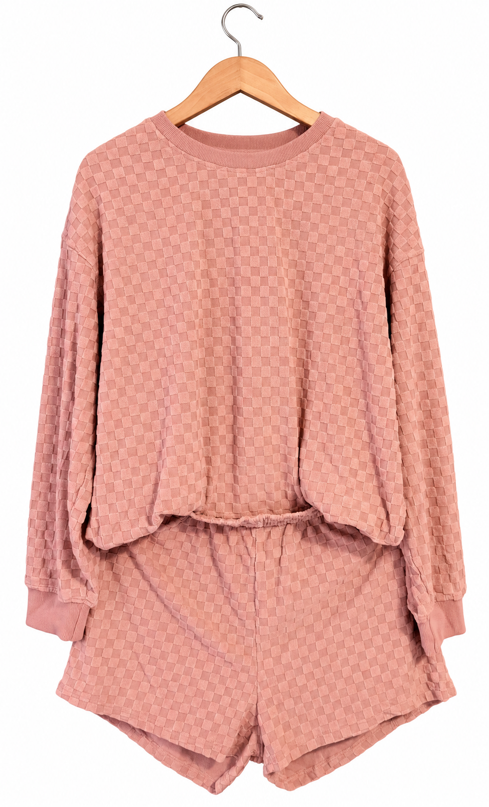 Blossom checkered textured long sleeve top and short set