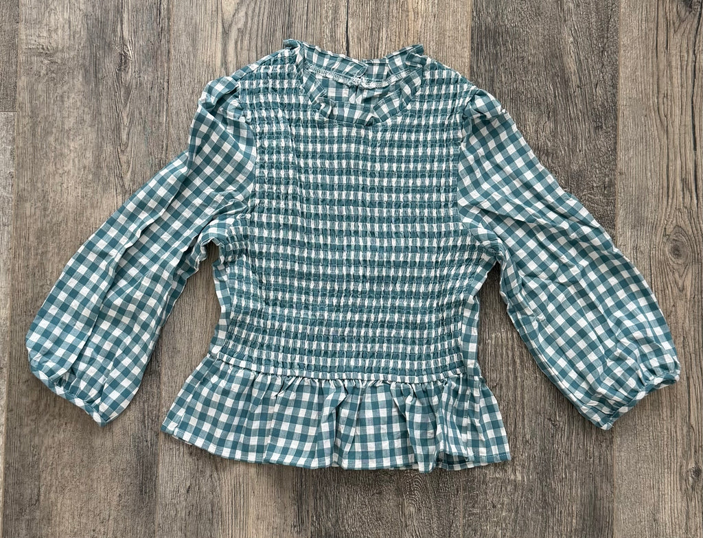 Green 3/4 sleeve plaid peplum top