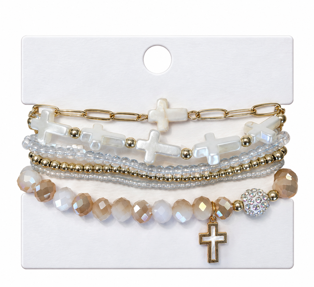 White Cross charm beaded bracelet set