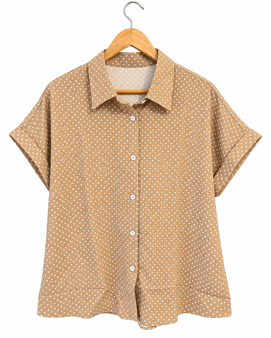 Khaki dotted print cuffed short sleeve shirt