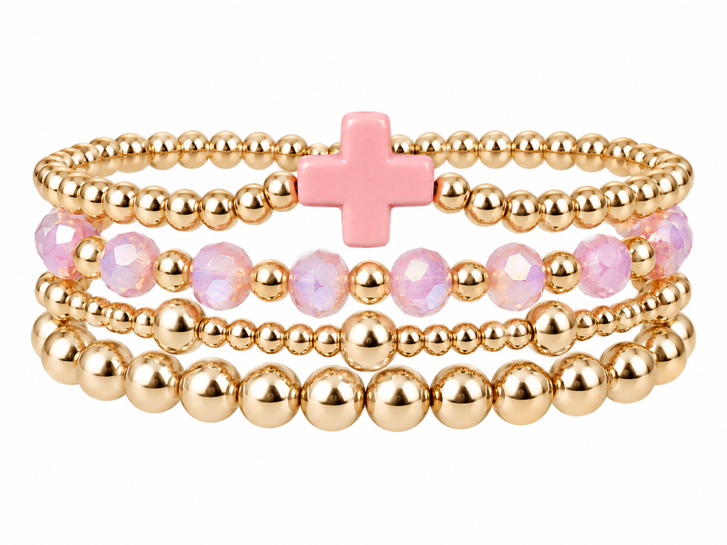 Pink Cross charm beaded bracelet set