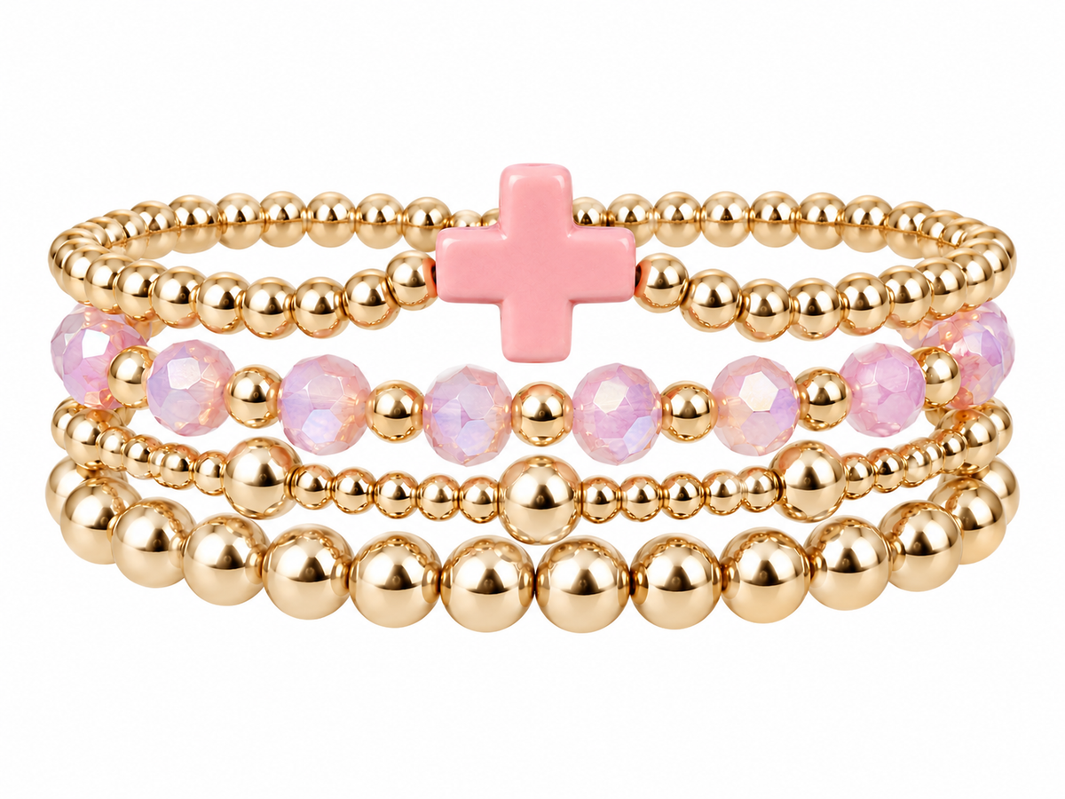 Pink Cross charm beaded bracelet set