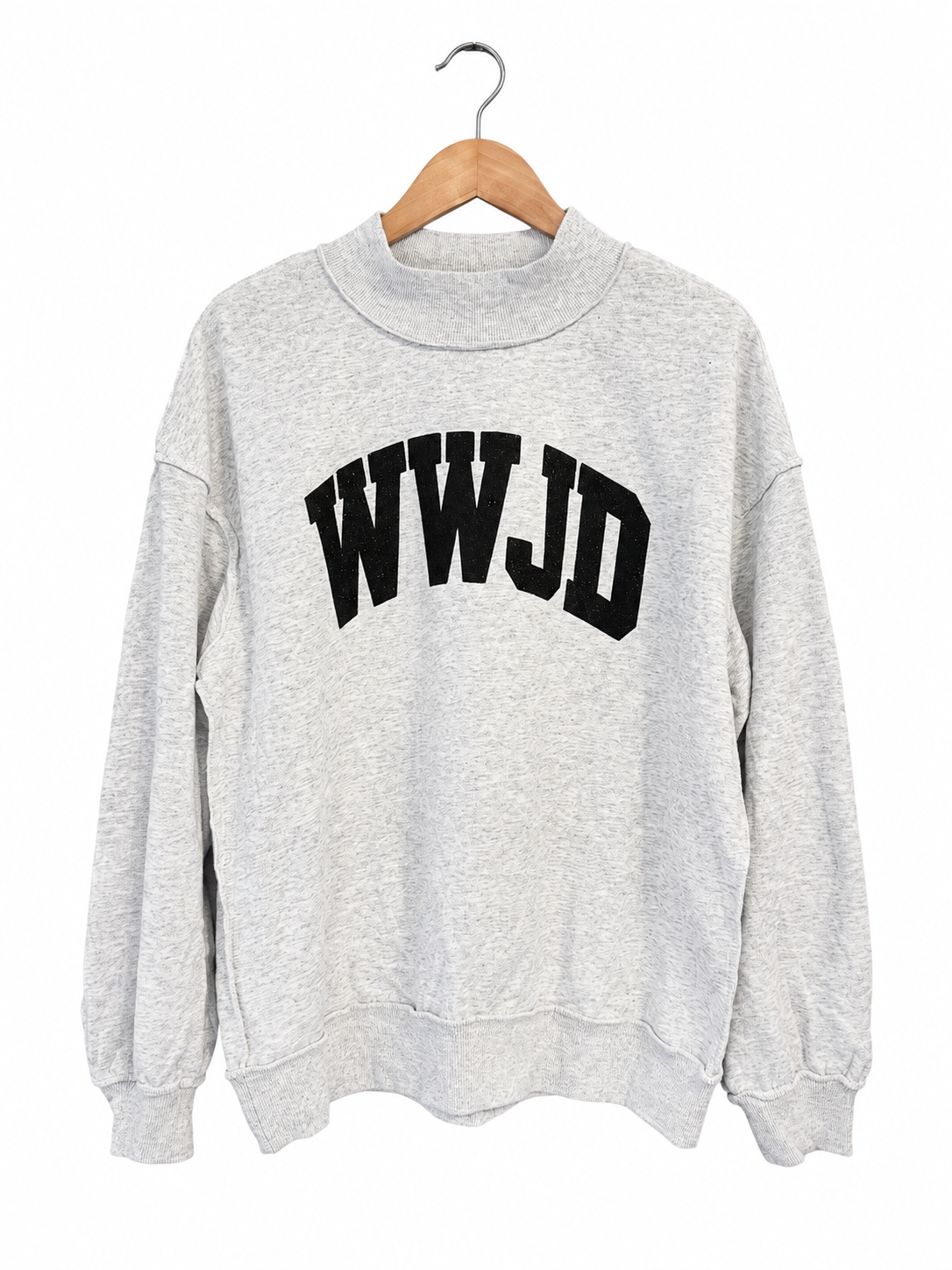 Light gray “WWJD” black glitter puff vinyl oversize drop shoulder mock neck sweater
