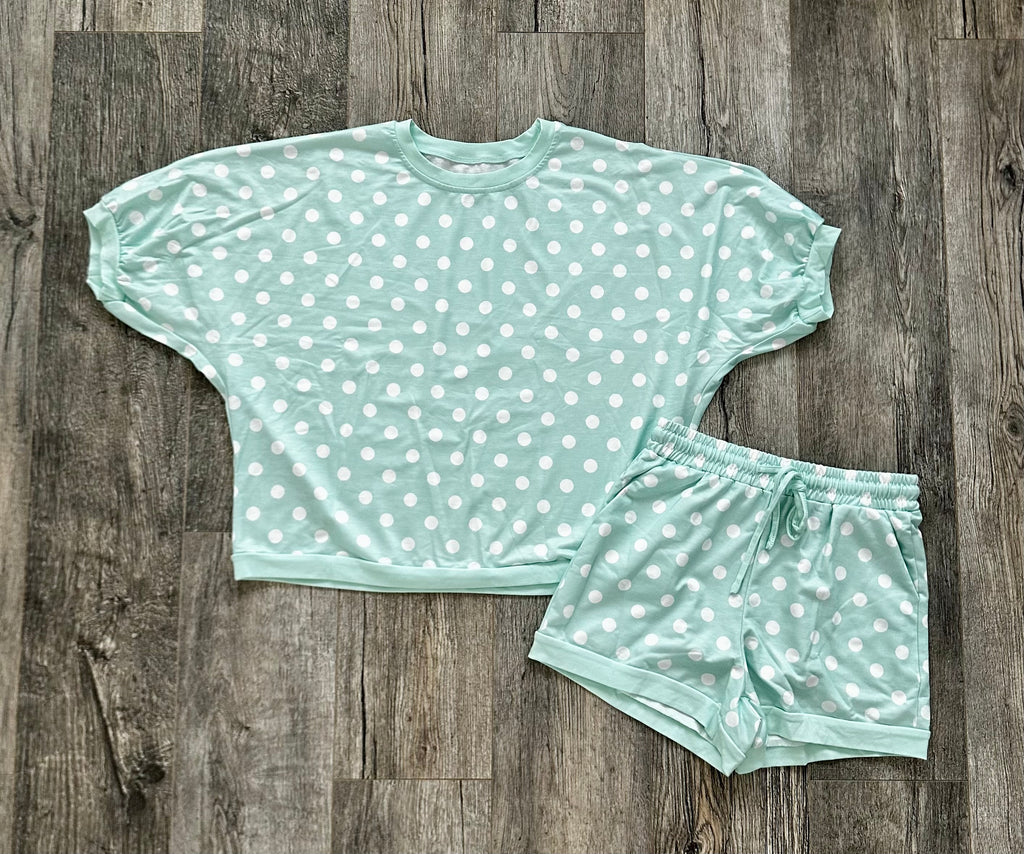 Green polka dot oversized top drawstring short set