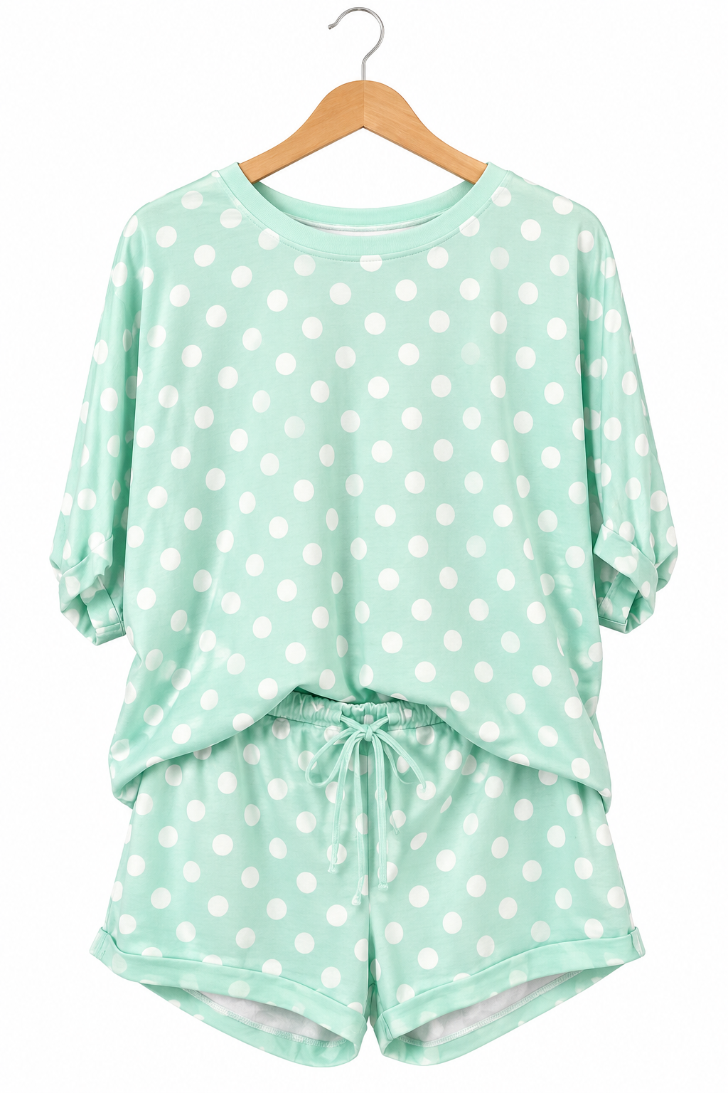 Green polka dot oversized top drawstring short set
