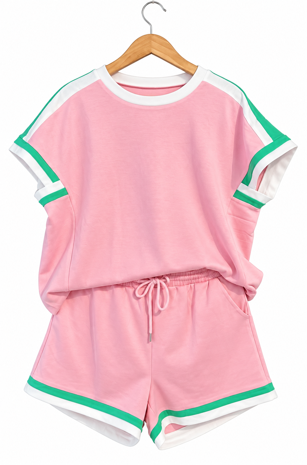 Bonbon striped trim casual tee drawstring shorts 2pc set