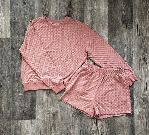 Blossom checkered textured long sleeve top and short set