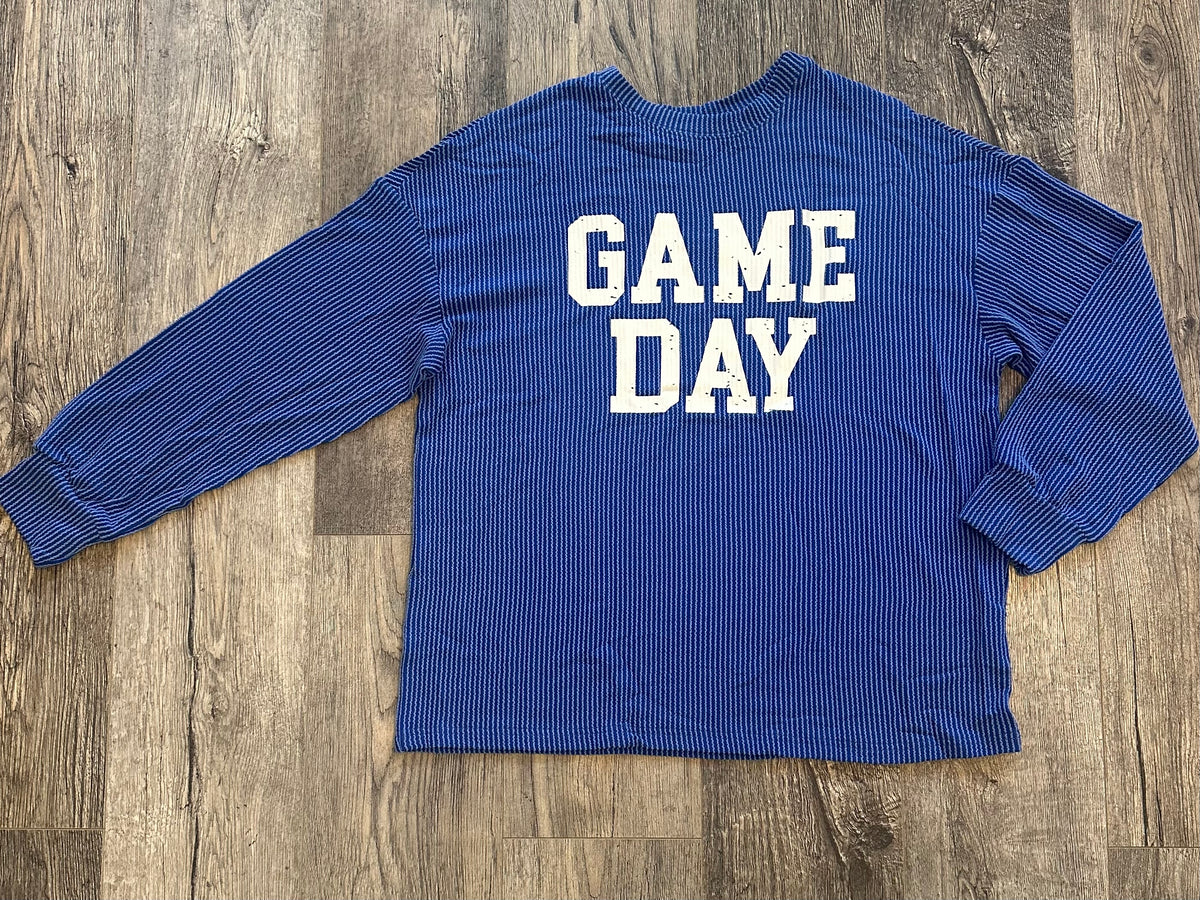 Bluing corded GAME DAY graphic long sleeve crew neck top