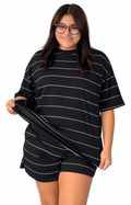 Black stripe half sleeve tee drawstring shorts 2pcs set