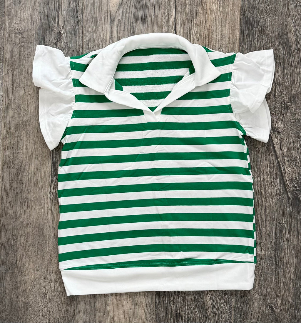 Green striped collar V neck ruffled short sleeve top blouse