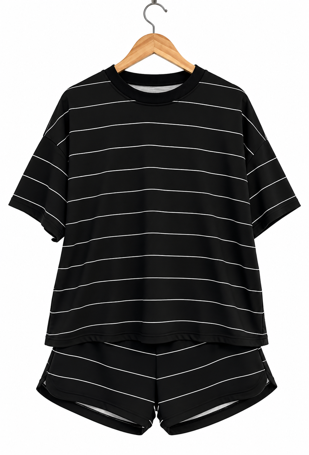 Black stripe half sleeve tee drawstring shorts 2pcs set