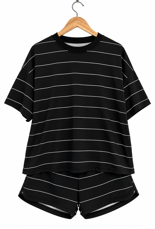 Black stripe half sleeve tee drawstring shorts 2pcs set