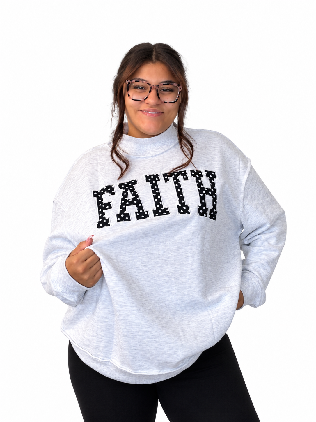 Light gray FAITH high neck polka dot slogan printed baggy sweatshirt