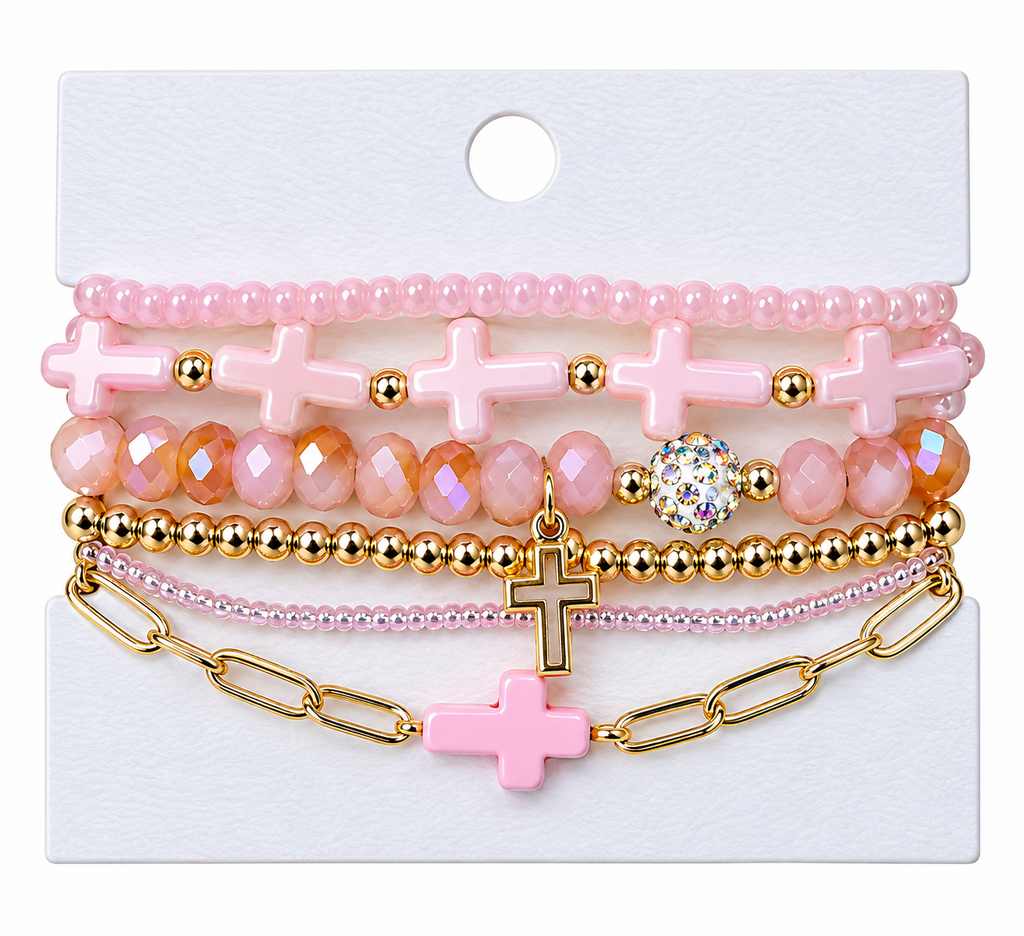 Pink Cross charm mixed beaded bracelet set
