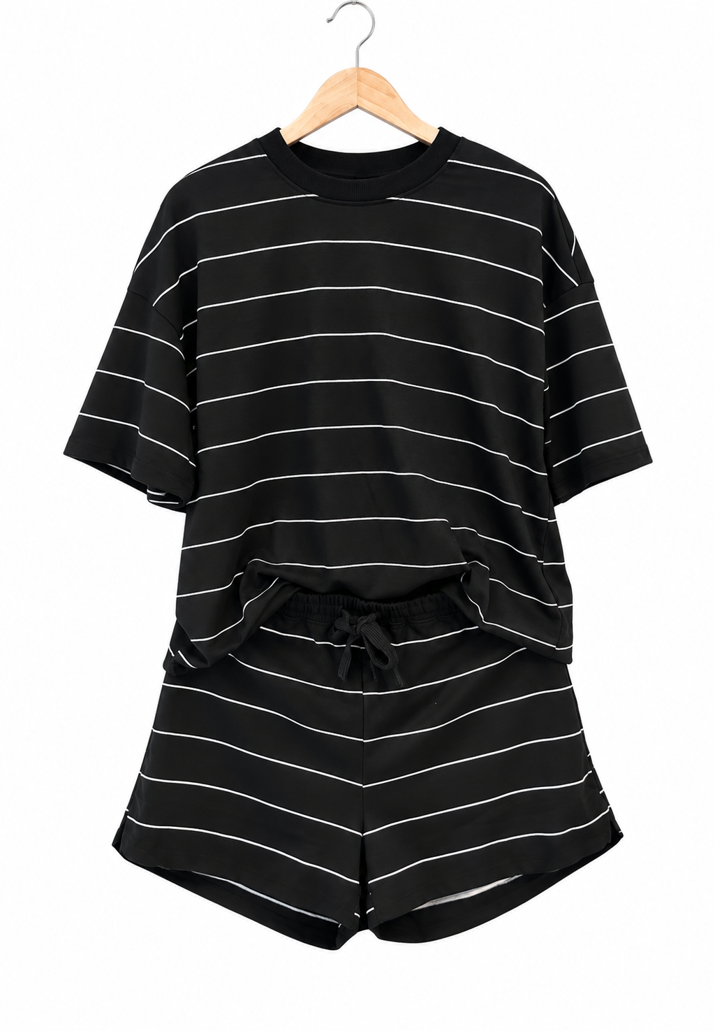 Black stripe half sleeve tee drawstring shorts 2pcs set