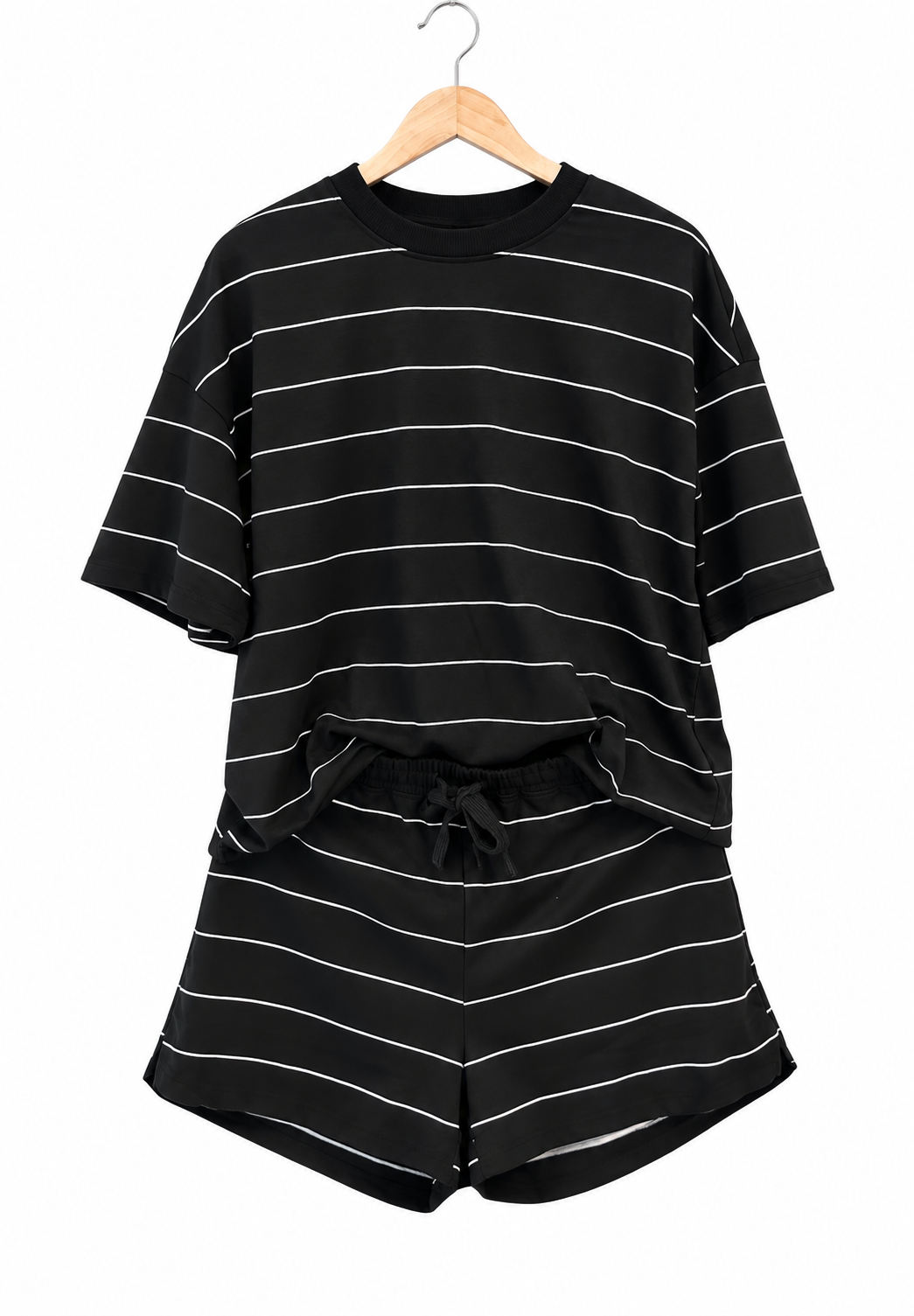 Black stripe half sleeve tee drawstring shorts 2pcs set