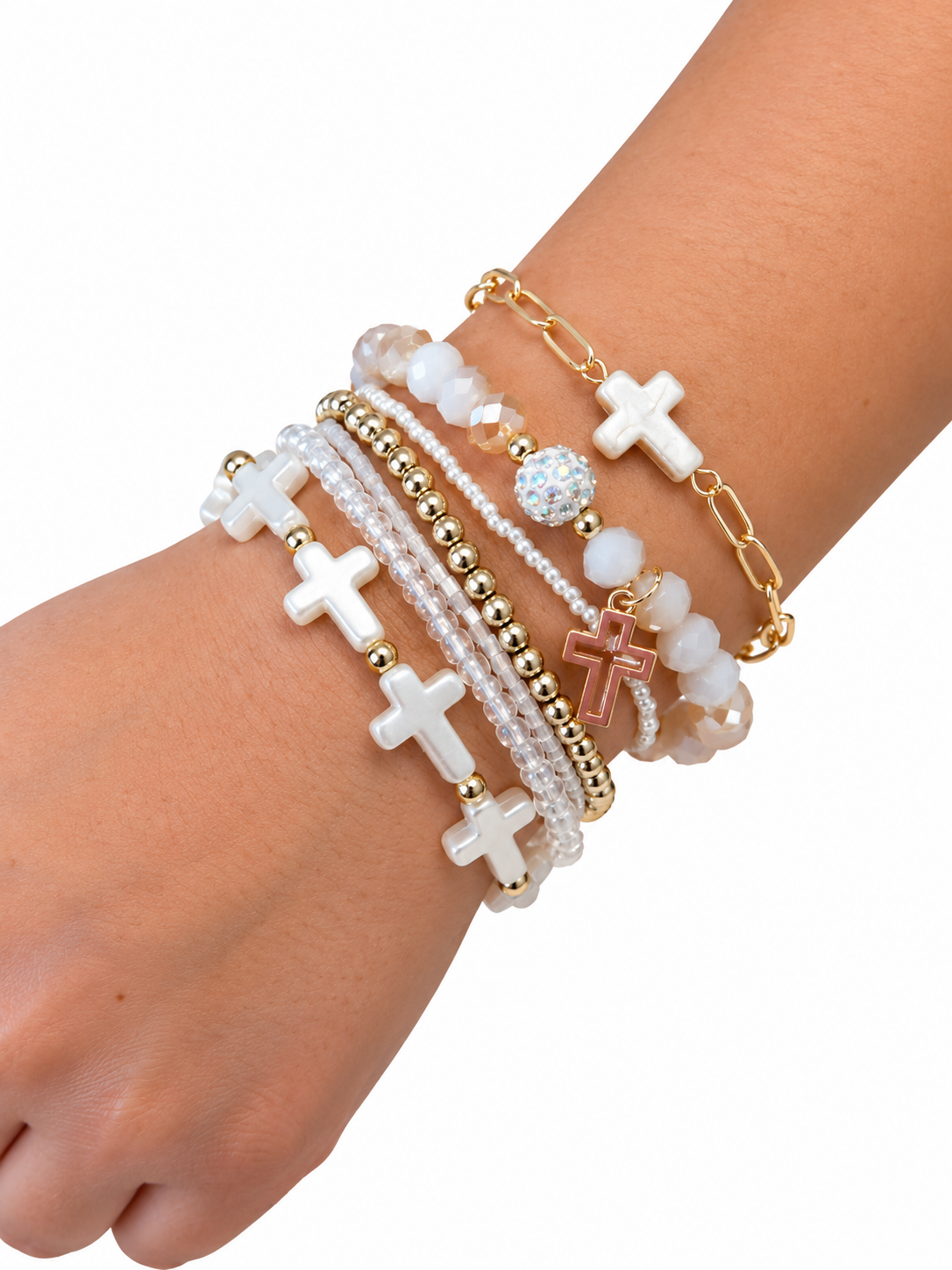 White Cross charm beaded bracelet set