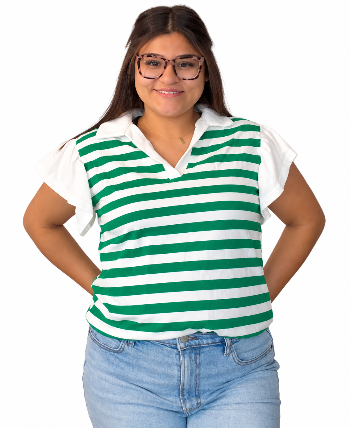 Green striped collar V neck ruffled short sleeve top blouse