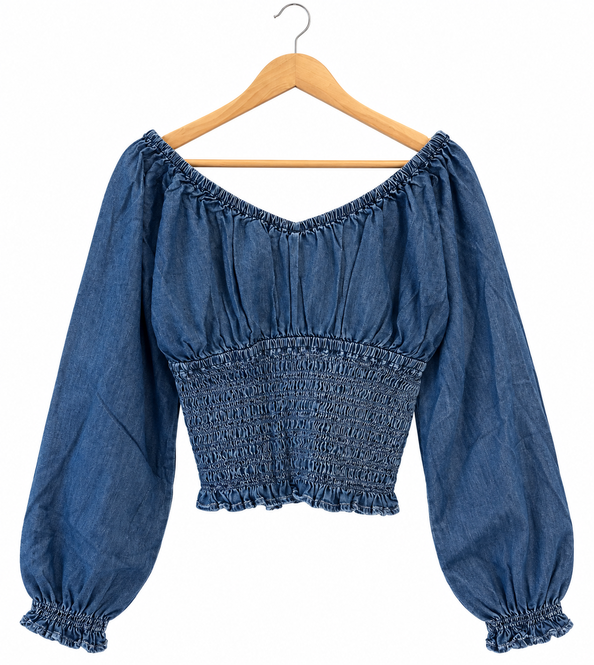 Smocked ruffled puff sleeve V neck Denim blouse