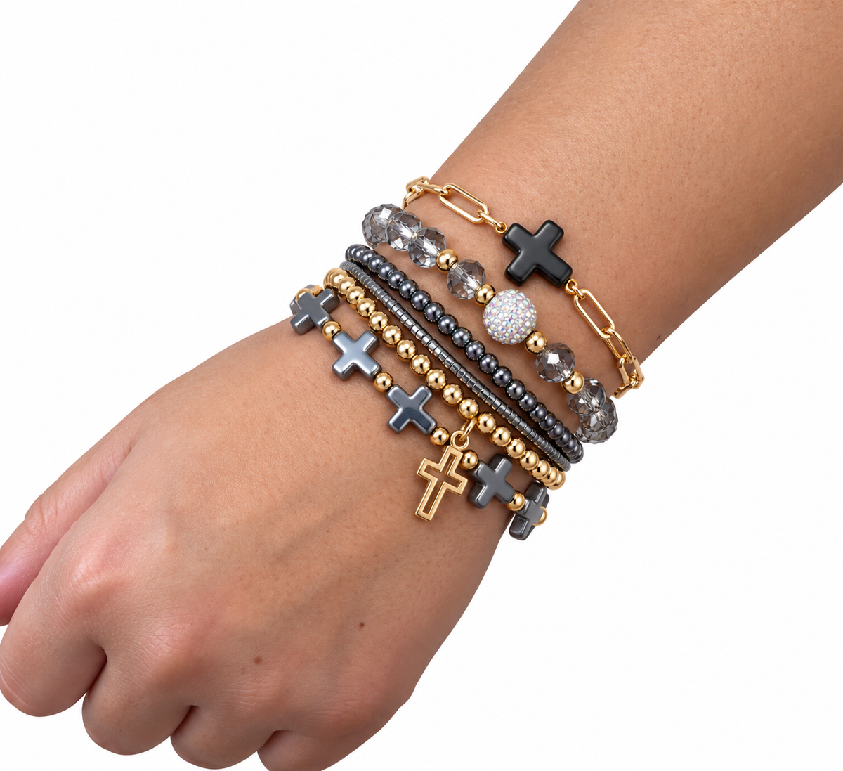 Black Cross charm beaded bracelet set