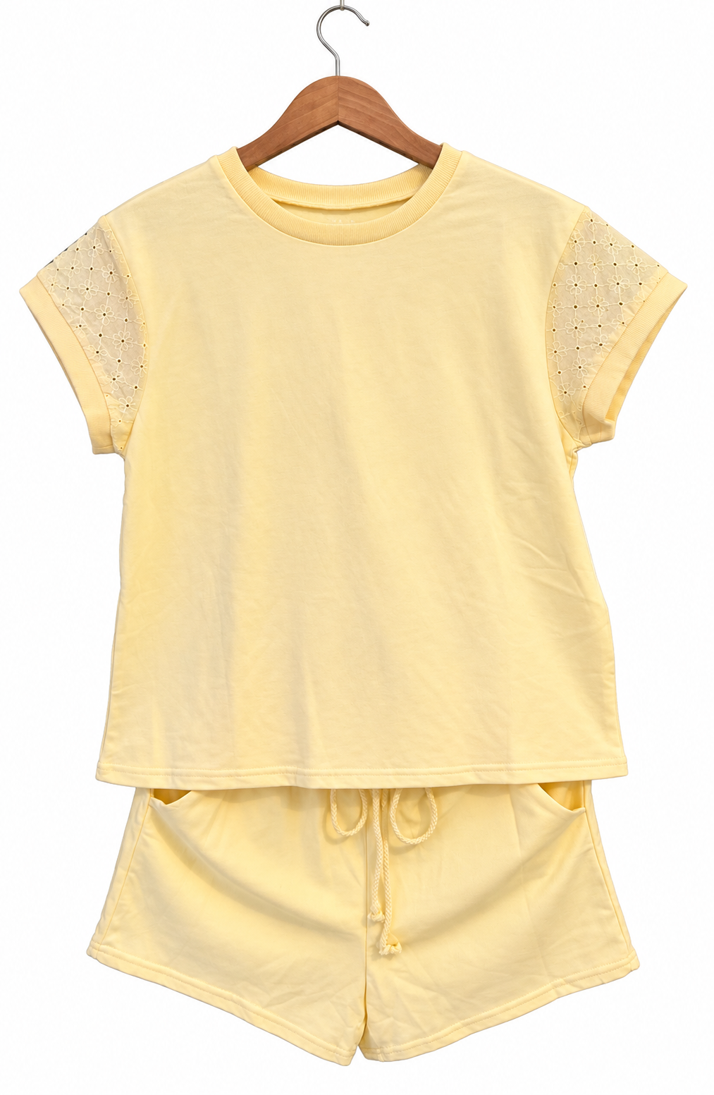 Yellow Lace patchwork sleeves short 2pc outfit