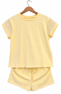 Yellow Lace patchwork sleeves short 2pc outfit
