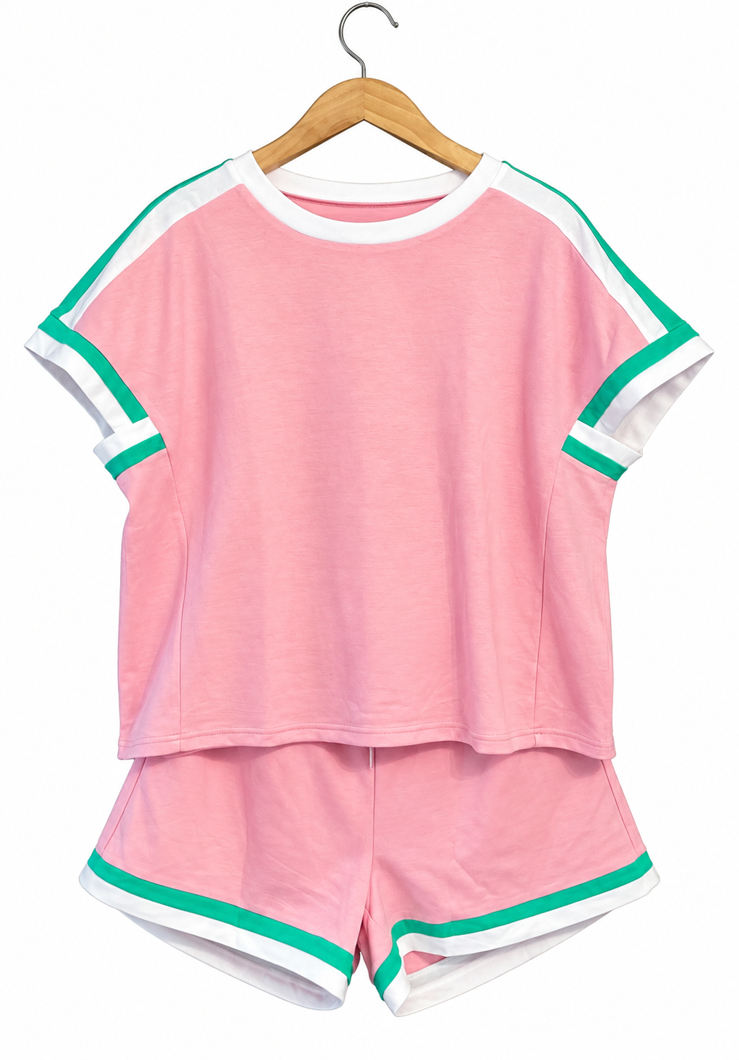 Bonbon striped trim casual tee drawstring shorts 2pc set