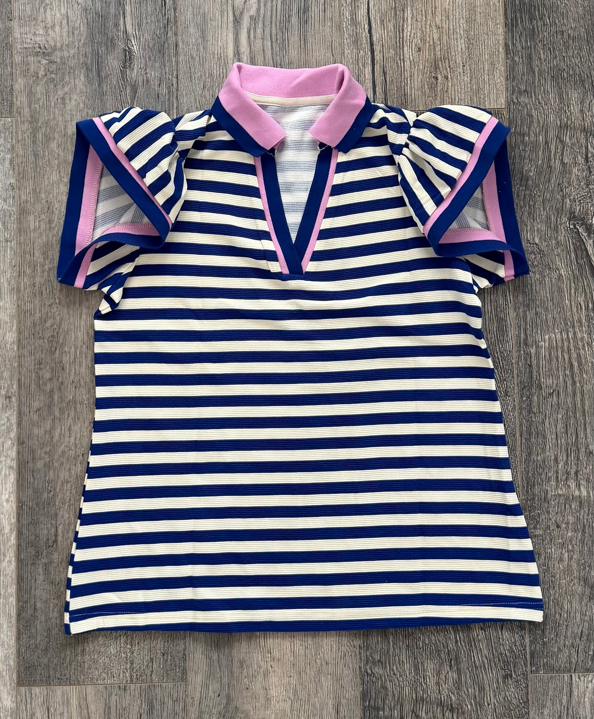 Blue striped polo collar ruffled short sleeve blouse