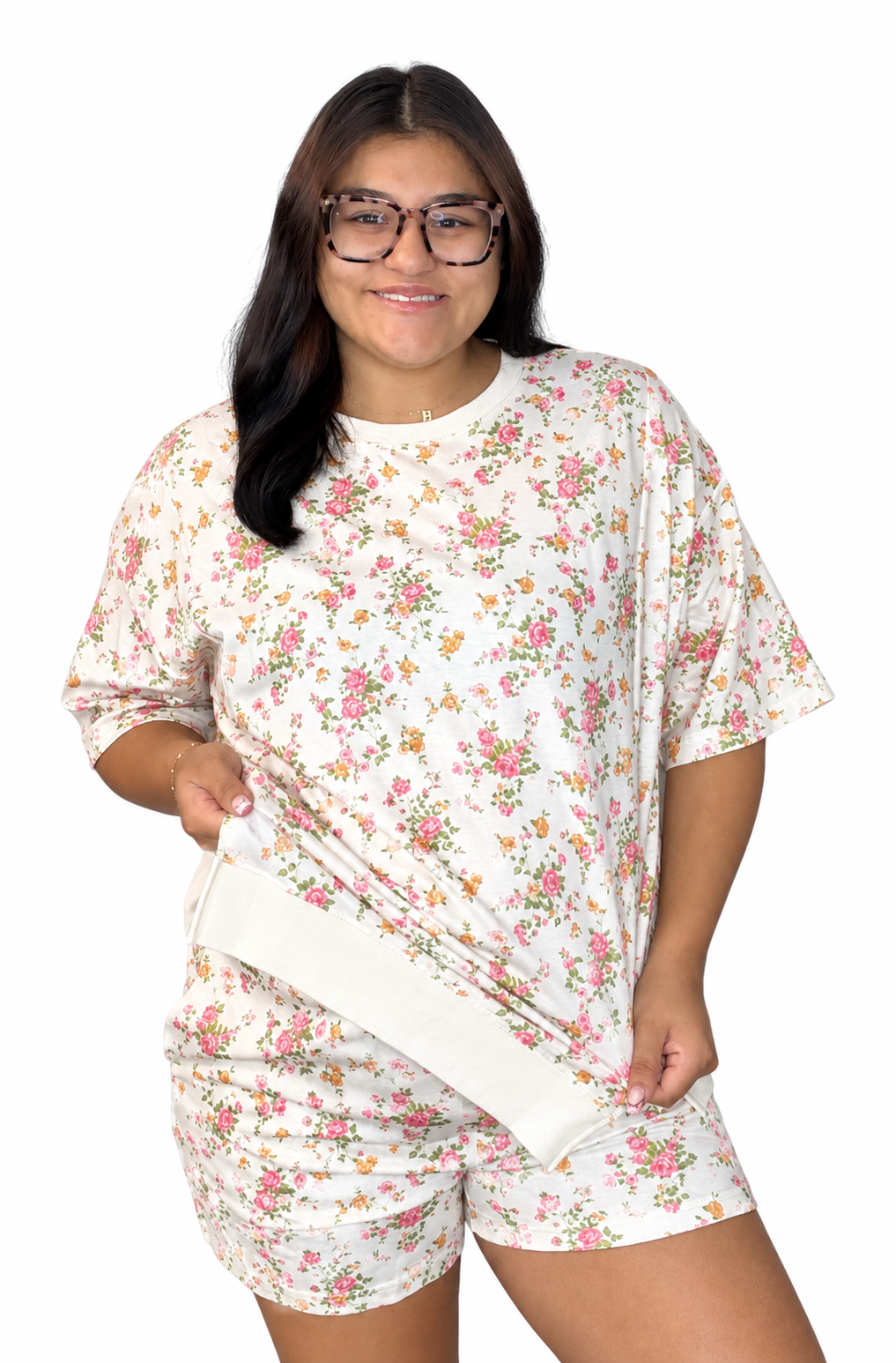 Pink floral print short sleeve elastic waist pocket 2pc set