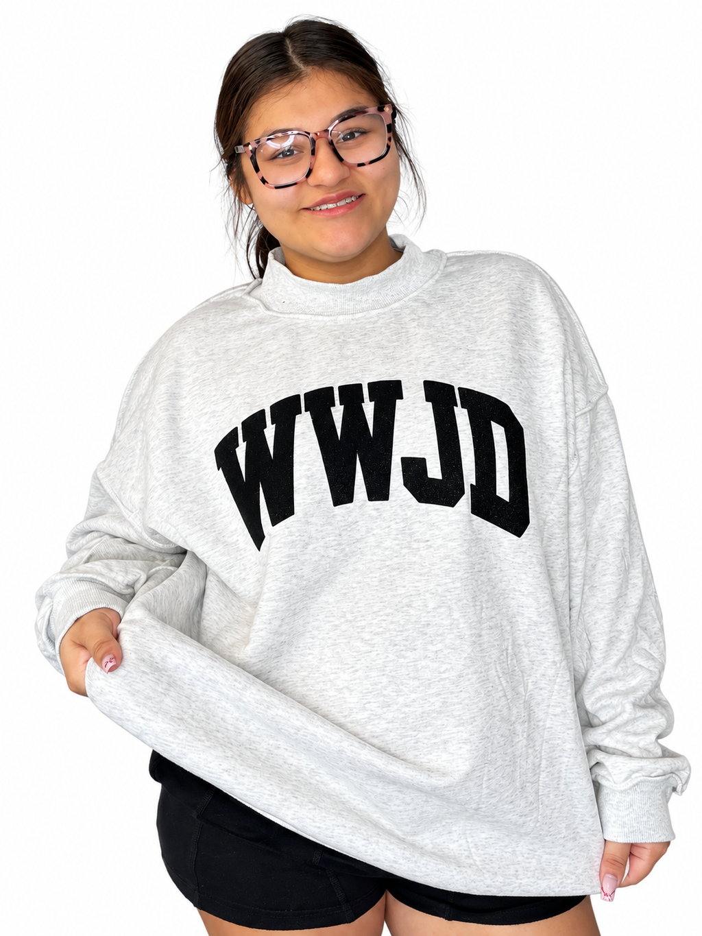 Light gray “WWJD” black glitter puff vinyl oversize drop shoulder mock neck sweater
