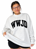 Light gray “WWJD” black glitter puff vinyl oversize drop shoulder mock neck sweater