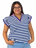 Blue striped polo collar ruffled short sleeve blouse