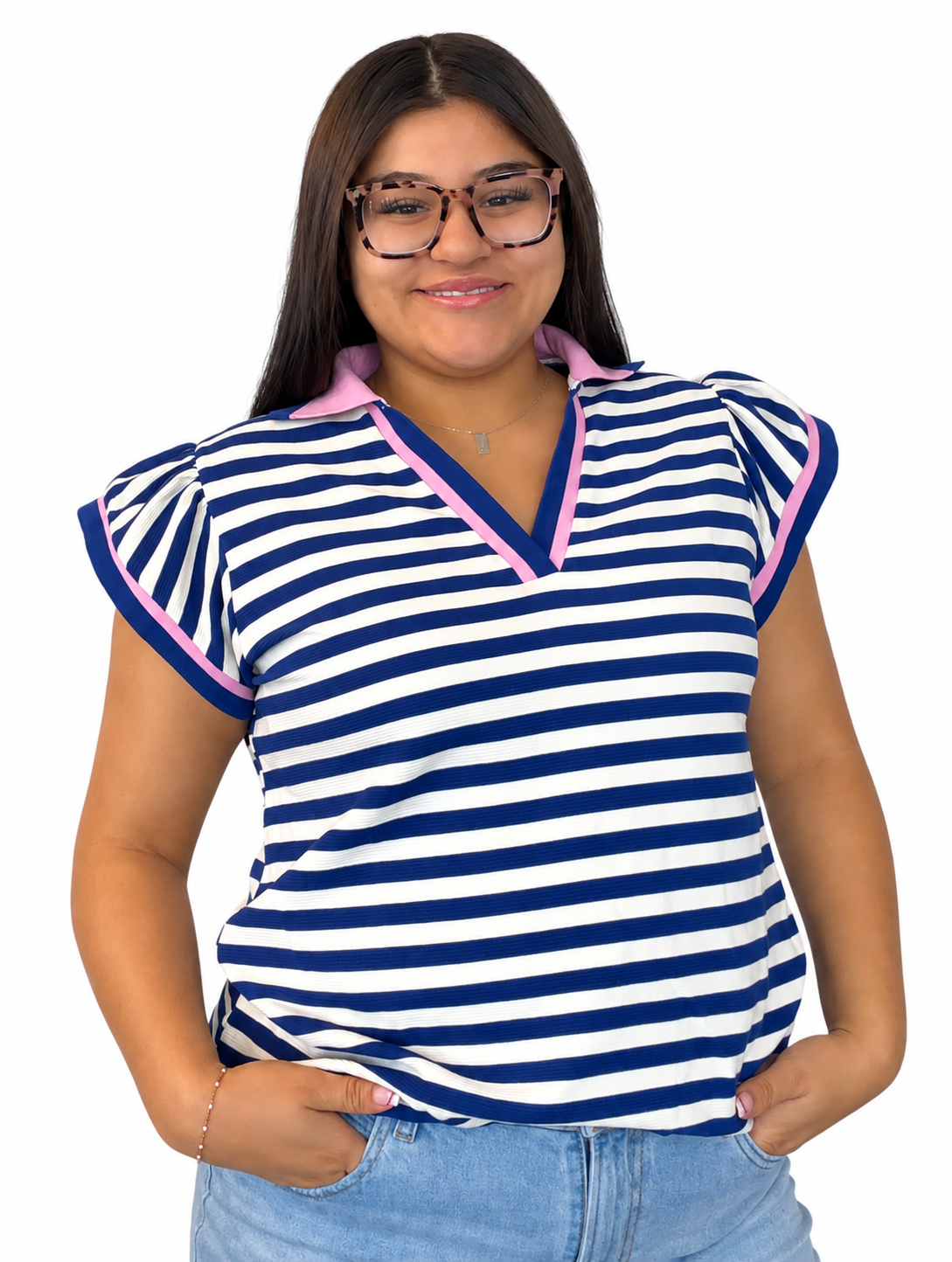 Blue striped polo collar ruffled short sleeve blouse