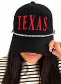 “TEXAS” Vinyl letter trucker hat with WHITE plastic chain