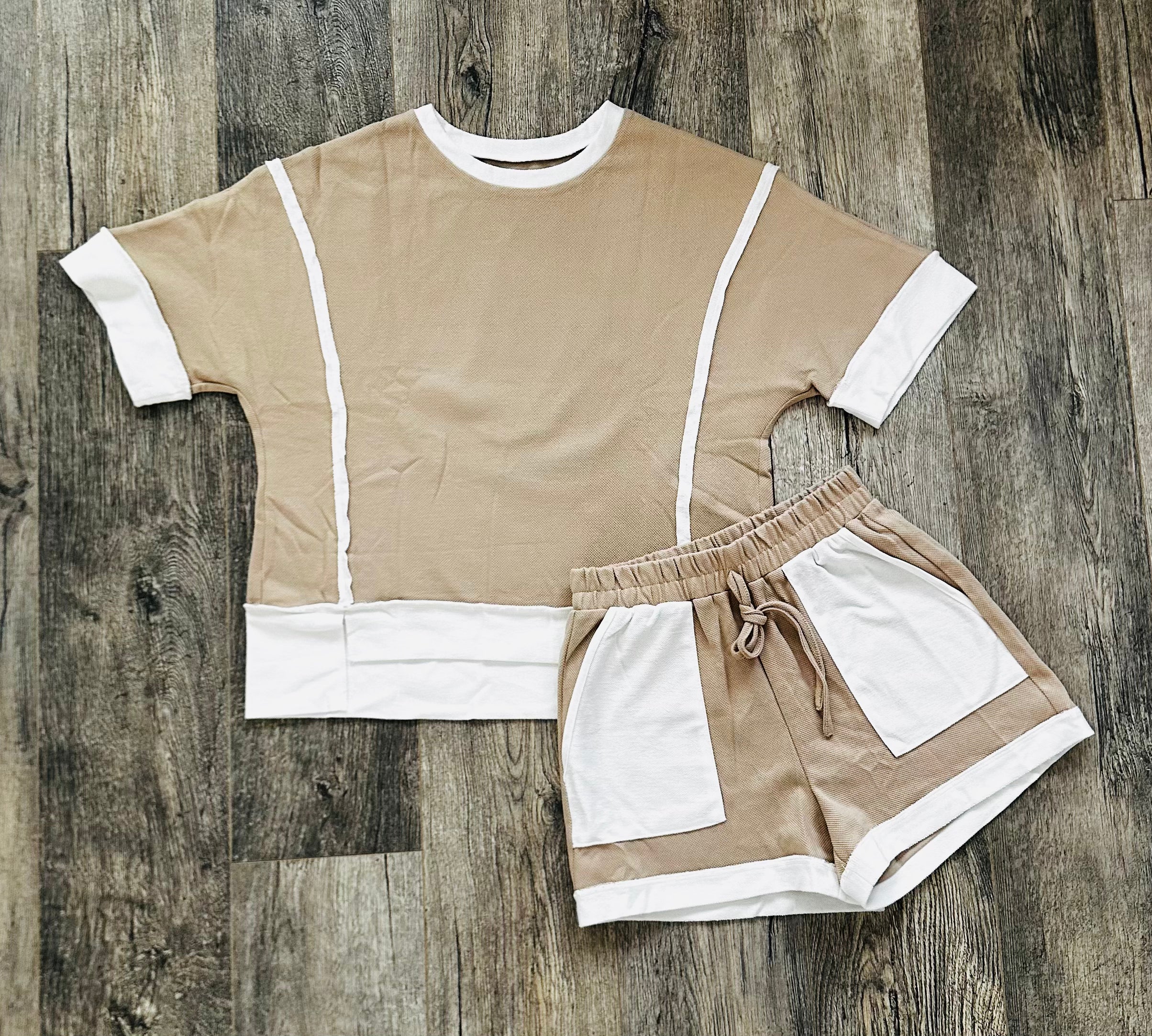 Beige raw edge color block patchwork over size tee drawstring loose shorts 2pc set