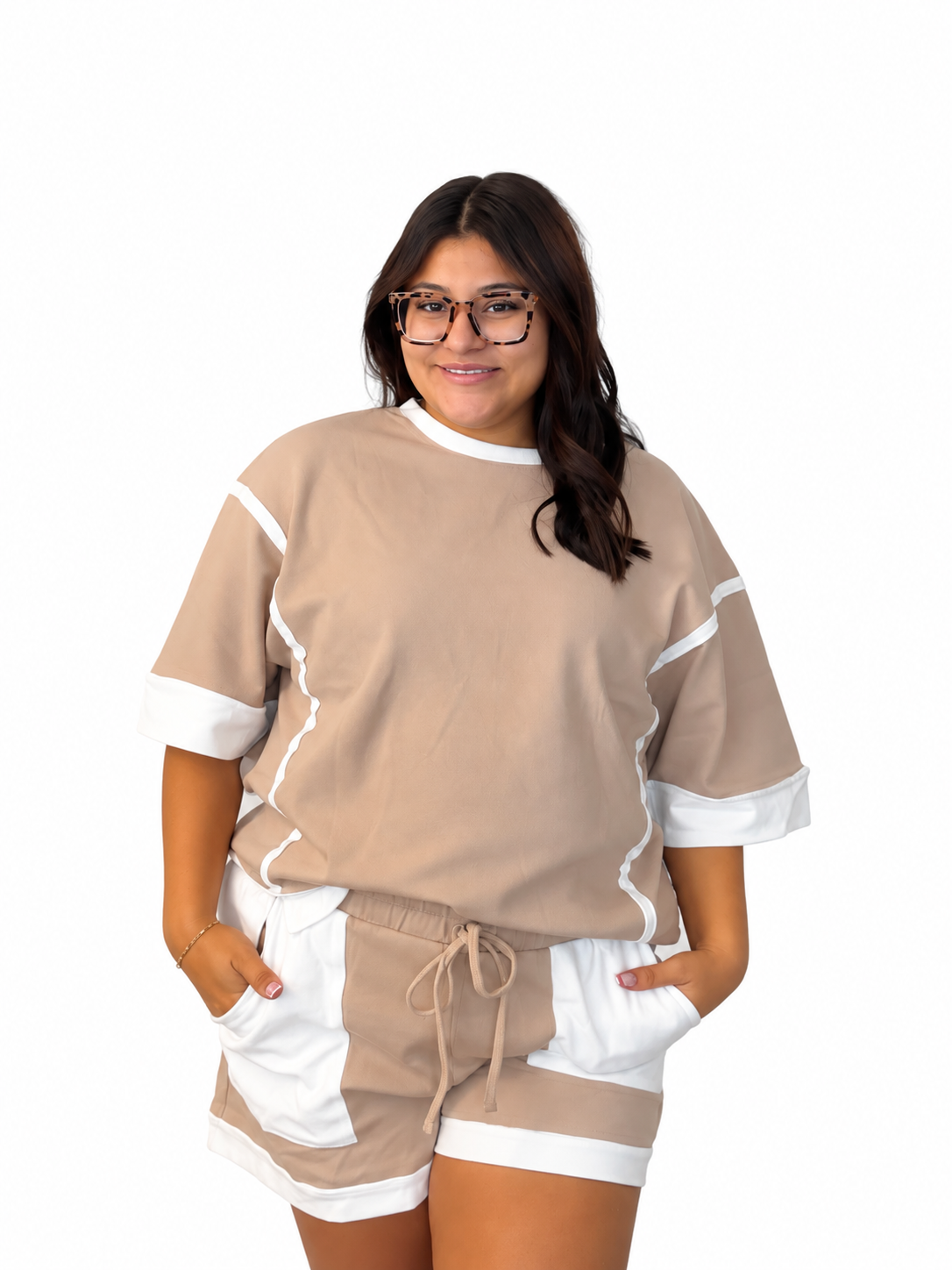 Beige raw edge color block patchwork over size tee drawstring loose shorts 2pc set