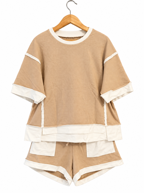Beige raw edge color block patchwork over size tee drawstring loose shorts 2pc set