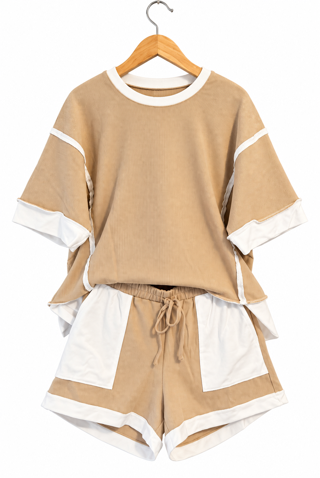 Beige raw edge color block patchwork over size tee drawstring loose shorts 2pc set